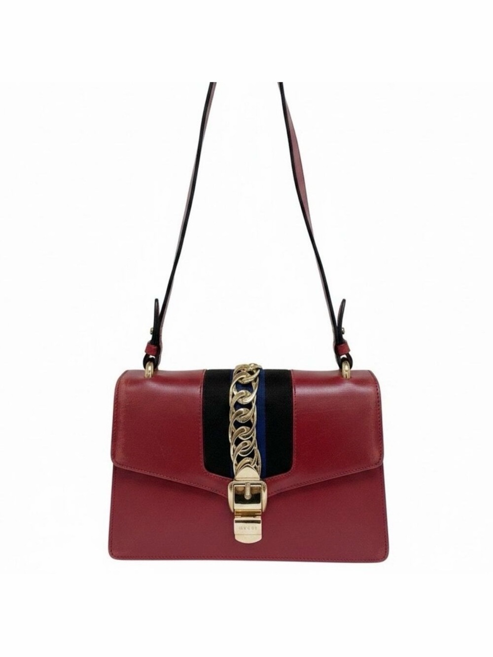 Gucci Sylvie Large Red Leather Shoulder Bag Gold Chain Buckle Web Stripe w/ COA